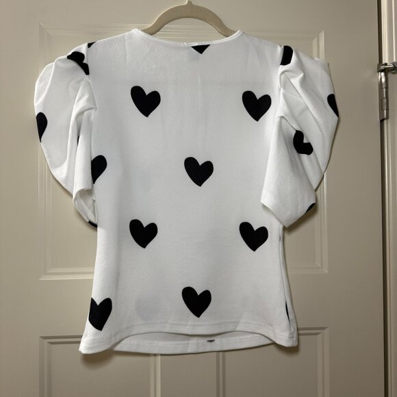 Shein top, white with black hearts, puff sleeves, size small, NWOT - Picture 3 of 3